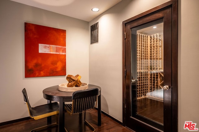 wine cellar featuring dark wood-type flooring