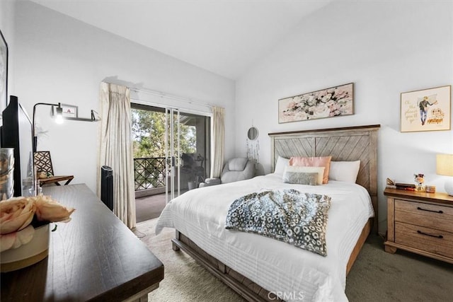 carpeted bedroom featuring access to outside and vaulted ceiling