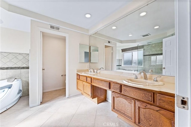 17931 Calle, Los Arboles, Rowland Heights, CA 91748 - bathroom featuring double vanity, tile patterned floors, a shower stall, visible vents, and a sink