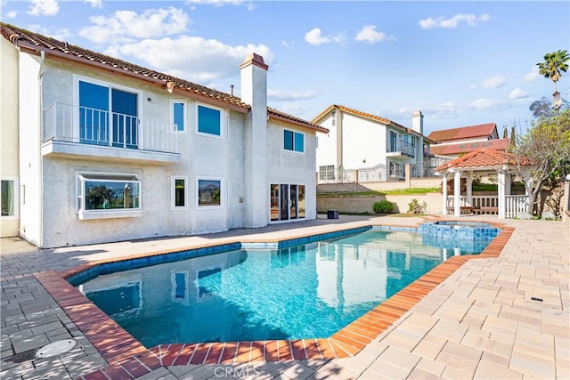 17931 Calle, Los Arboles, Rowland Heights, CA 91748 - view of pool featuring a patio area, a gazebo, fence, and a pool with connected hot tub