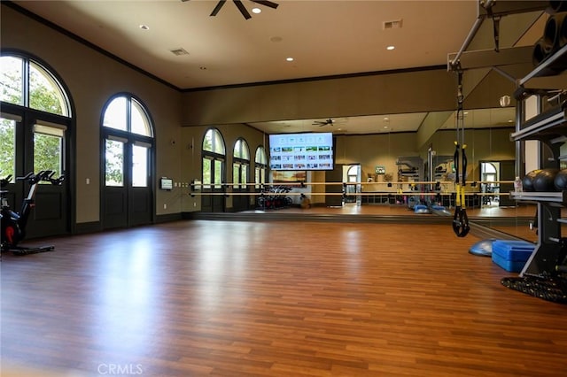 gym featuring ceiling fan and hardwood / wood-style floors