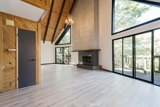 unfurnished living room with light hardwood / wood-style flooring, beamed ceiling, wooden ceiling, and high vaulted ceiling