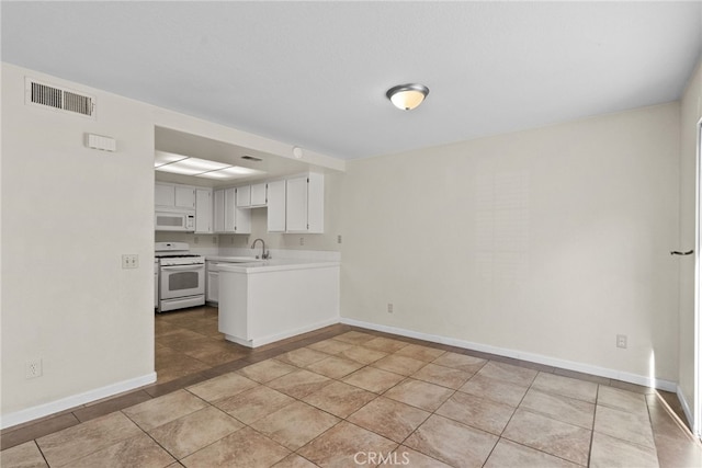 kitchen with kitchen peninsula, white appliances, sink, light tile patterned floors, and white cabinetry