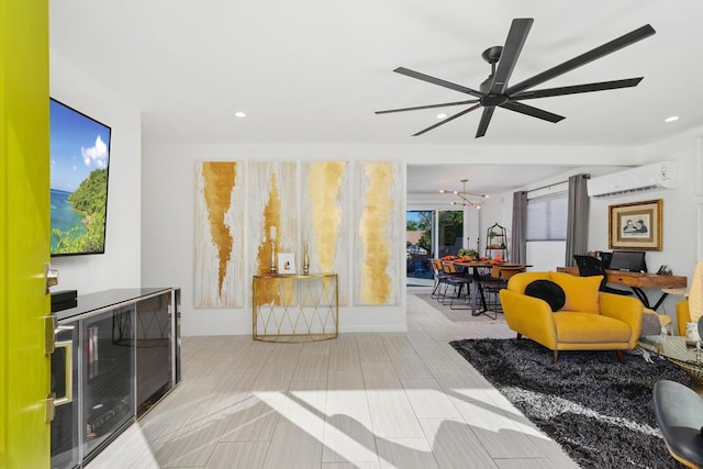 living room with ceiling fan and an AC wall unit