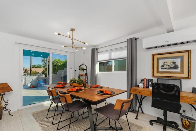 dining space with a wall mounted air conditioner and a notable chandelier