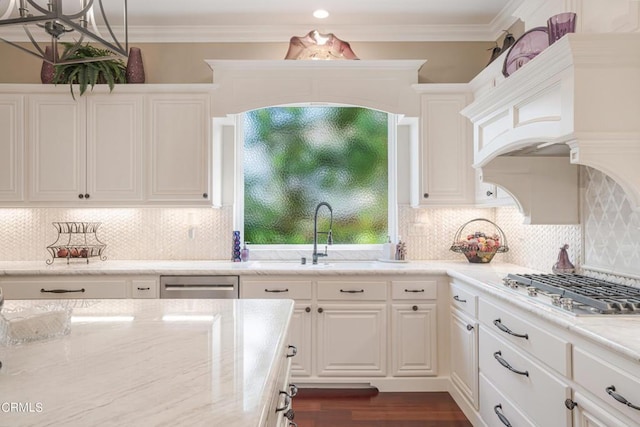 kitchen with white cabinetry, appliances with stainless steel finishes, tasteful backsplash, dark hardwood / wood-style flooring, and sink