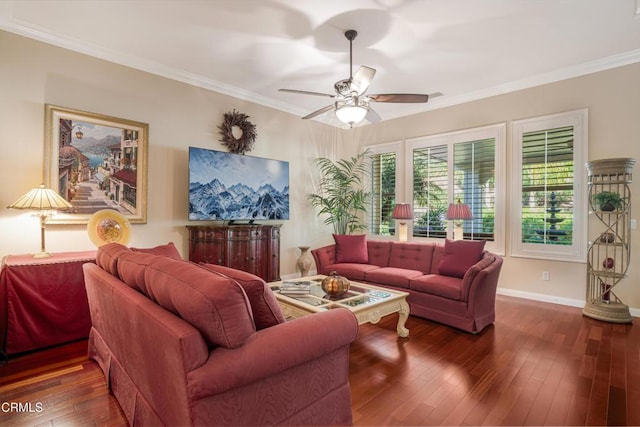 living room featuring ceiling fan, dark hardwood / wood-style floors, and crown molding