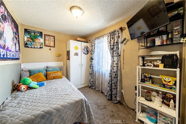 carpeted bedroom with a textured ceiling