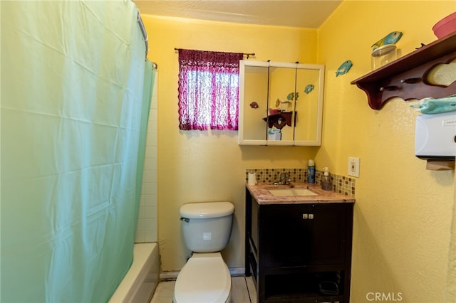 full bathroom with vanity, toilet, tasteful backsplash, and shower / bath combo