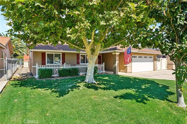 ranch-style house with a front yard, a porch, and a garage