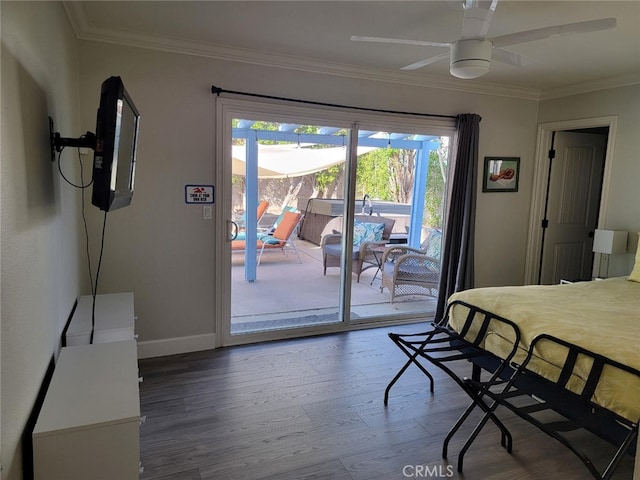 bedroom with wood-type flooring, ceiling fan, access to exterior, and crown molding