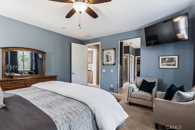 carpeted bedroom featuring ceiling fan