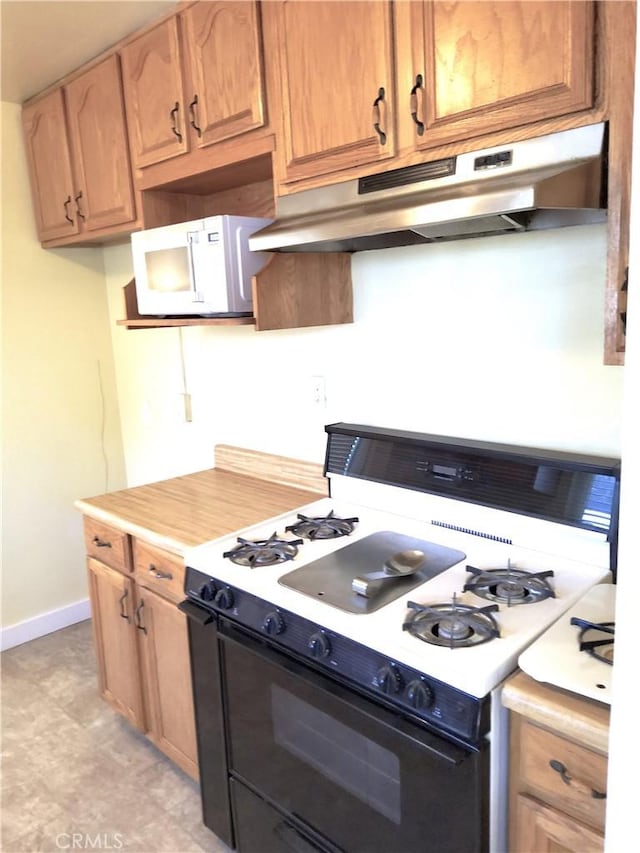 kitchen with under cabinet range hood, white appliances, baseboards, light countertops, and brown cabinets