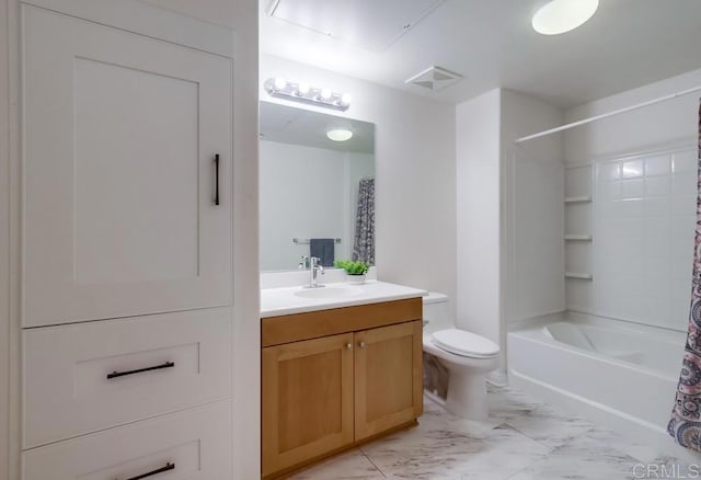 bathroom featuring marble finish floor, visible vents, toilet, vanity, and shower / bath combo
