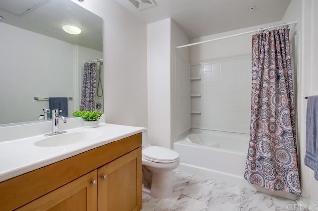 bathroom featuring toilet, visible vents, shower / tub combo, marble finish floor, and vanity