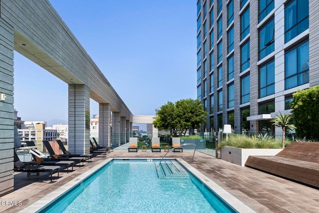 view of swimming pool with a patio