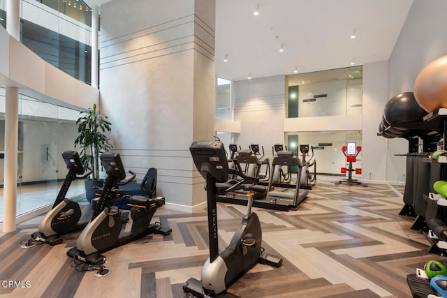 exercise room featuring a towering ceiling