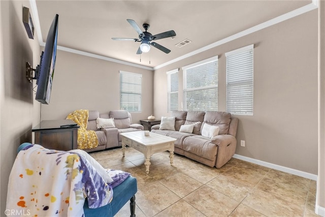 tiled living room with ornamental molding and ceiling fan