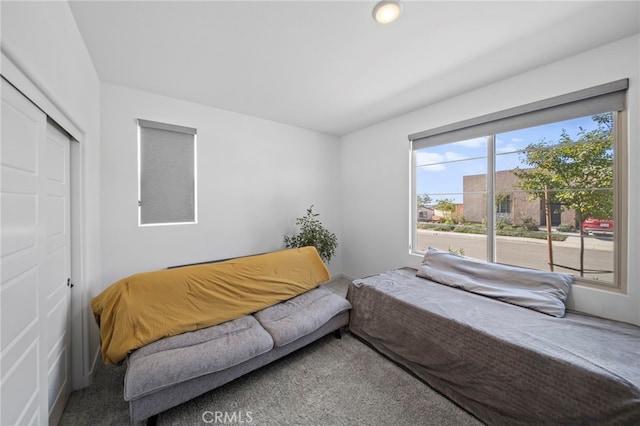 carpeted bedroom with a closet