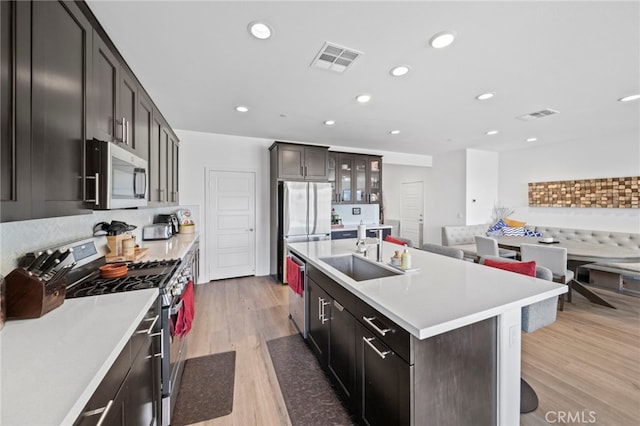 kitchen with a center island with sink, backsplash, light hardwood / wood-style flooring, sink, and stainless steel appliances