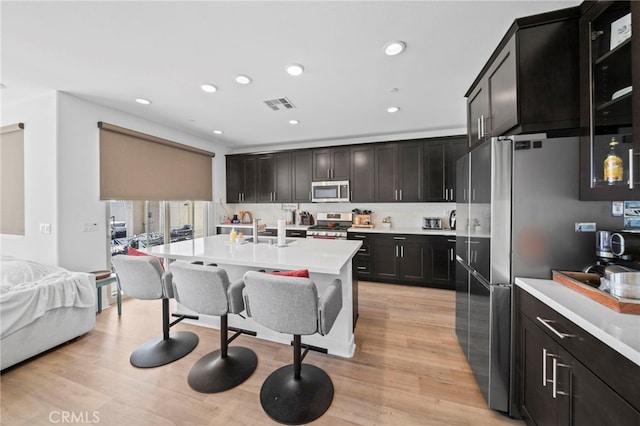 kitchen featuring sink, an island with sink, stainless steel appliances, and light wood-type flooring