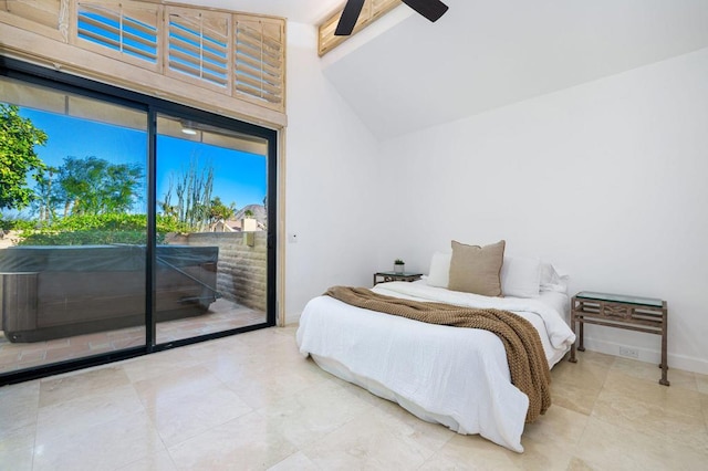 bedroom featuring access to exterior, lofted ceiling with beams, and ceiling fan