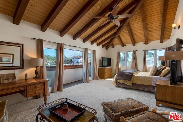 carpeted bedroom featuring lofted ceiling with beams, ceiling fan, and wooden ceiling