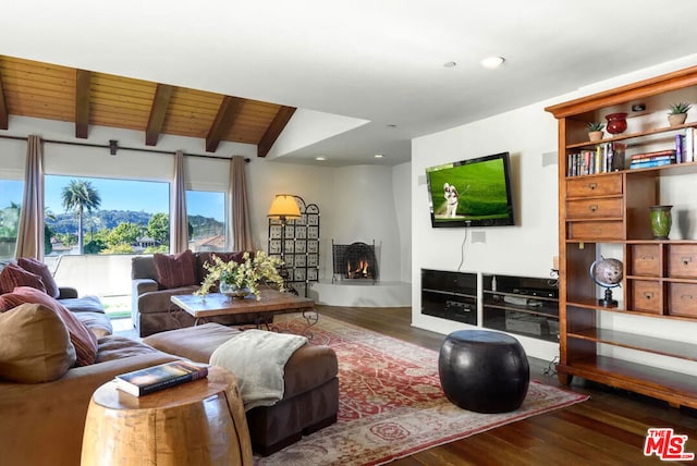 living room with lofted ceiling with beams, dark hardwood / wood-style flooring, and wooden ceiling