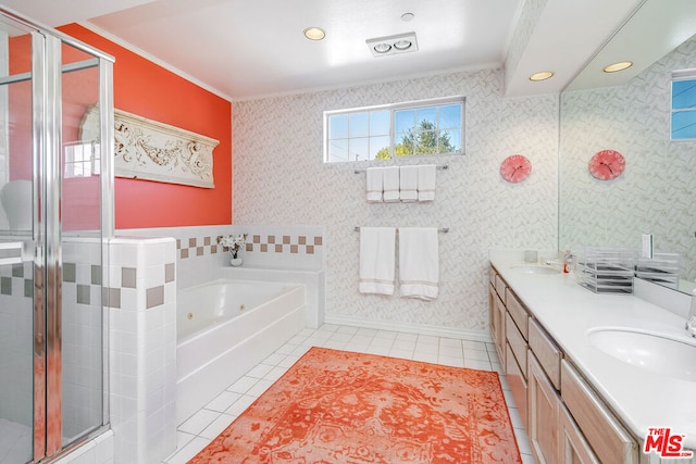 bathroom with vanity, crown molding, separate shower and tub, and tile patterned flooring