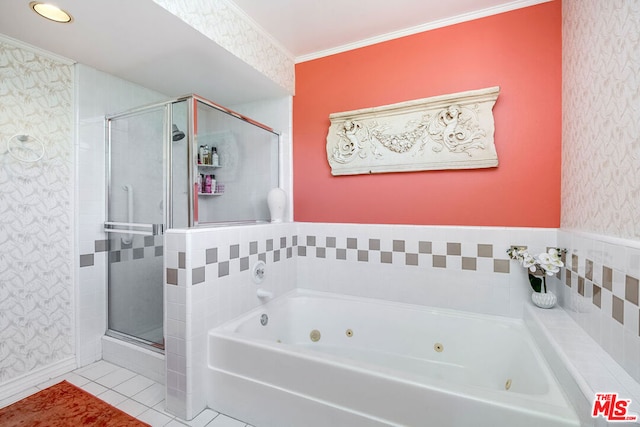 bathroom featuring crown molding, tile patterned floors, and plus walk in shower