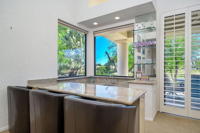 bar with light stone countertops, light colored carpet, and sink