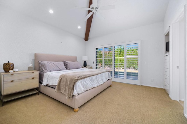 carpeted bedroom featuring access to exterior, ceiling fan, and vaulted ceiling with beams