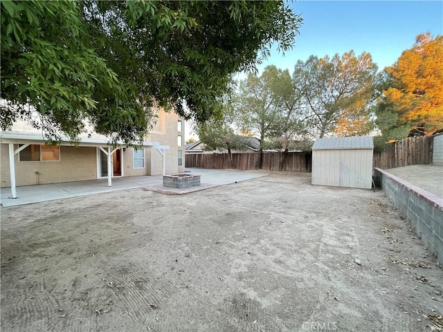 view of yard with a patio area and a storage unit