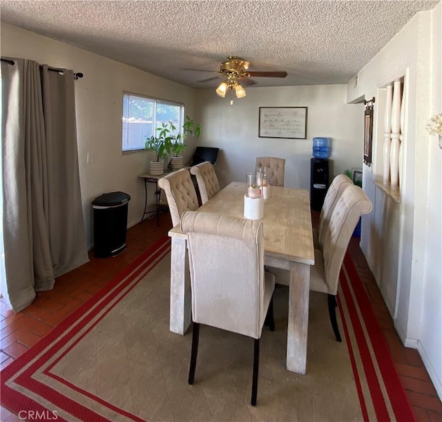 dining room with ceiling fan and a textured ceiling