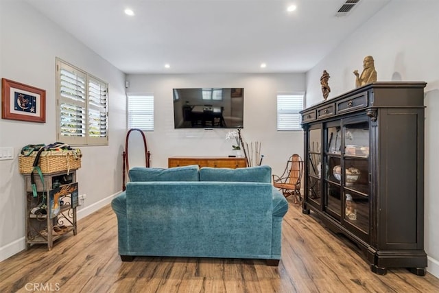 living room with a healthy amount of sunlight and light hardwood / wood-style flooring