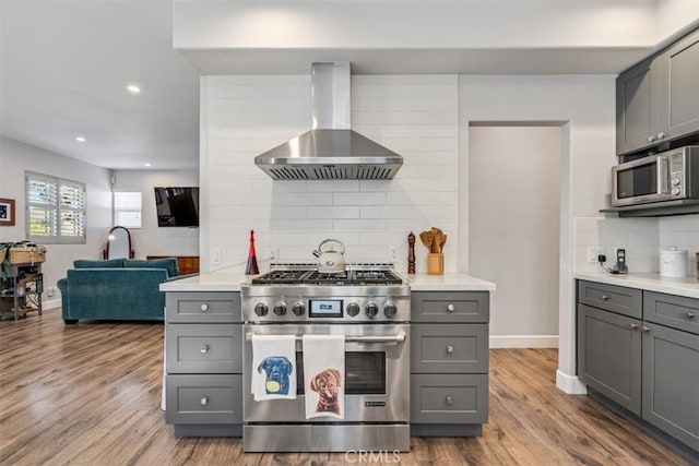 kitchen with exhaust hood, decorative backsplash, wood-type flooring, appliances with stainless steel finishes, and gray cabinetry