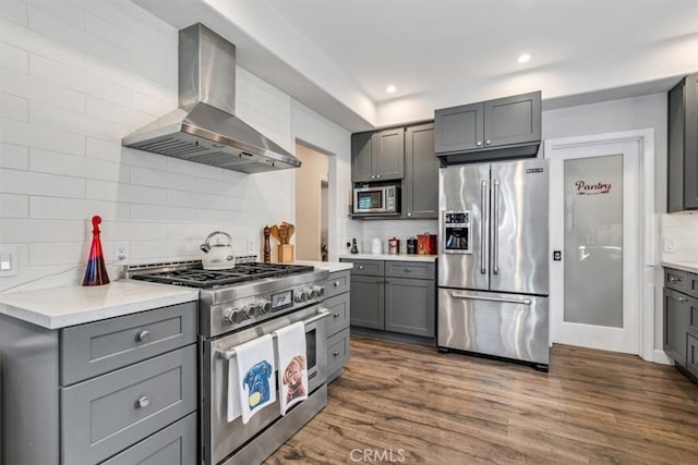 kitchen featuring premium appliances, tasteful backsplash, extractor fan, and gray cabinets