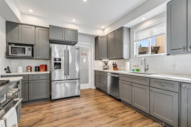 kitchen featuring appliances with stainless steel finishes, gray cabinetry, backsplash, light hardwood / wood-style flooring, and sink