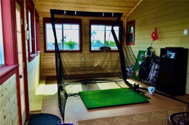 interior space featuring carpet floors, wooden ceiling, lofted ceiling, and wood walls