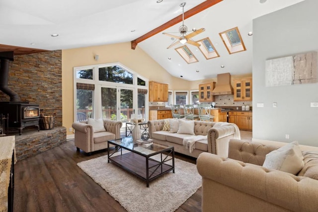 living room featuring high vaulted ceiling, a wood stove, dark hardwood / wood-style flooring, and beamed ceiling