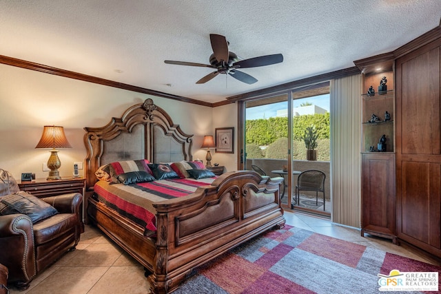 bedroom with access to exterior, ceiling fan, light tile patterned flooring, and a textured ceiling