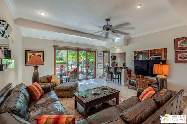 living room featuring crown molding, ceiling fan, and light tile patterned floors