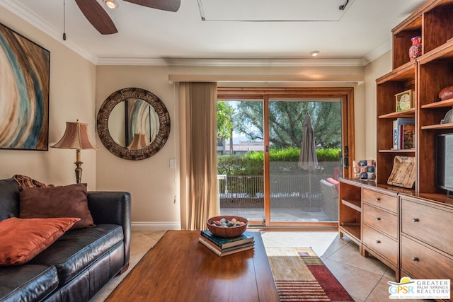 living room featuring ceiling fan, light tile patterned floors, and ornamental molding