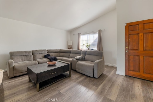 living room with hardwood / wood-style flooring and high vaulted ceiling