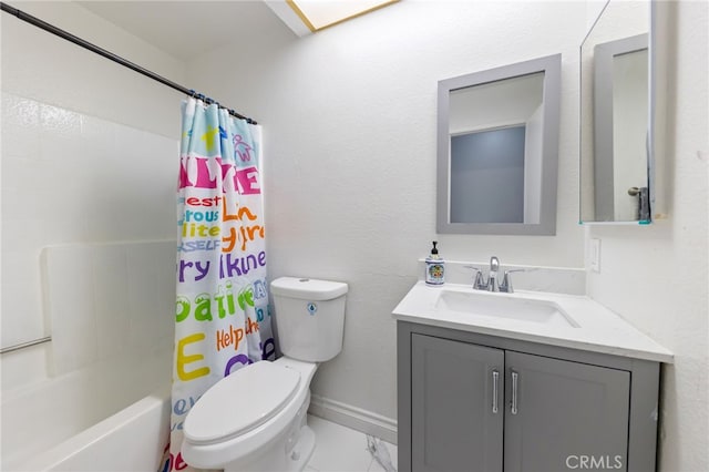 full bathroom featuring vanity, shower / bath combo, and toilet