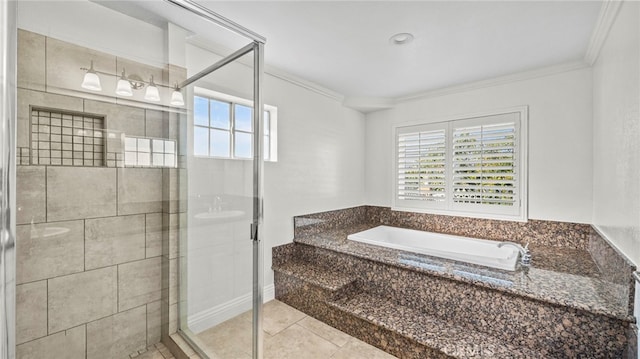 bathroom with tile patterned floors, ornamental molding, sink, and separate shower and tub