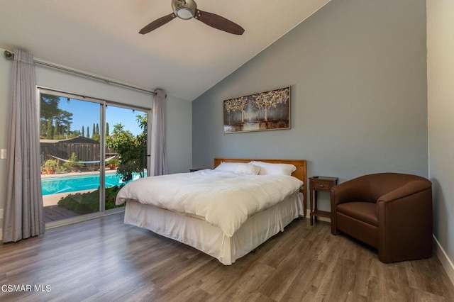 bedroom with access to outside, hardwood / wood-style flooring, ceiling fan, and lofted ceiling