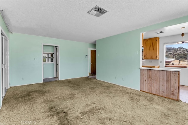 unfurnished living room with light carpet and a textured ceiling