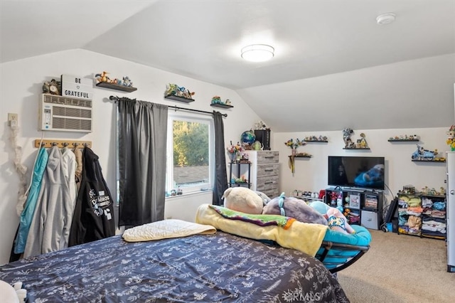 bedroom with carpet flooring, an AC wall unit, and vaulted ceiling