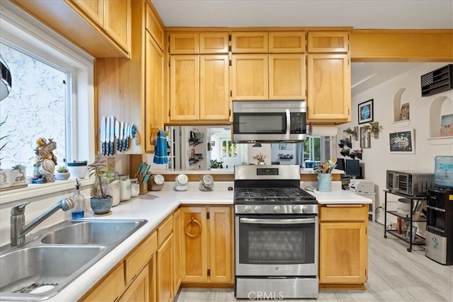 kitchen featuring kitchen peninsula, light hardwood / wood-style floors, sink, and appliances with stainless steel finishes